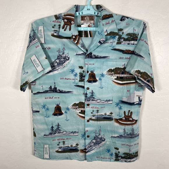 Kalaheo Other - Kalaheo Shirt Mens Large Blue Hawaiian Camp Ocean Ships Navy Boats USS